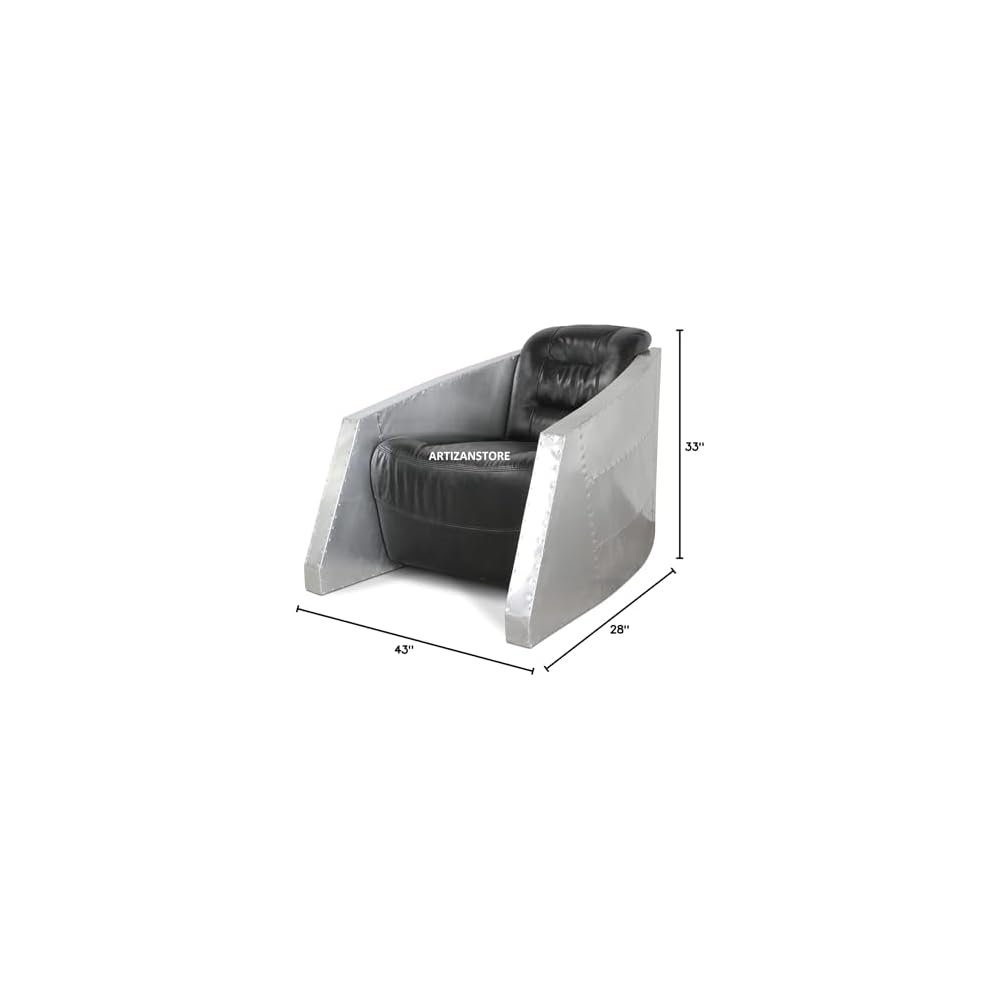 ARTIZANSTORE Aviator Bullet Leisure Arm Chair - Genuine Black Leather - Aluminium