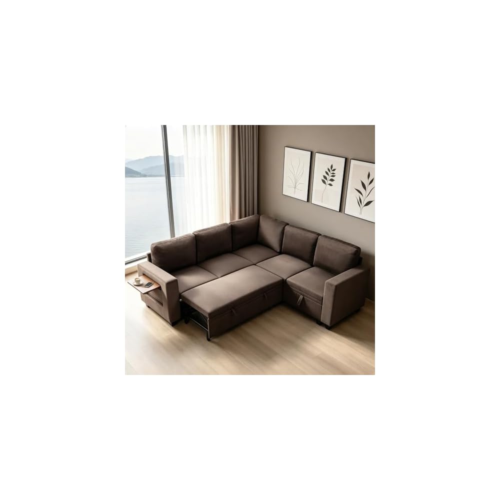 81"L Shaped Sleeper Sofa with Pull Out Bed, Modular Sectional Couch, Brown