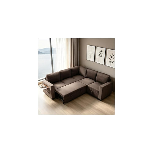 81"L Shaped Sleeper Sofa with Pull Out Bed, Modular Sectional Couch, Brown