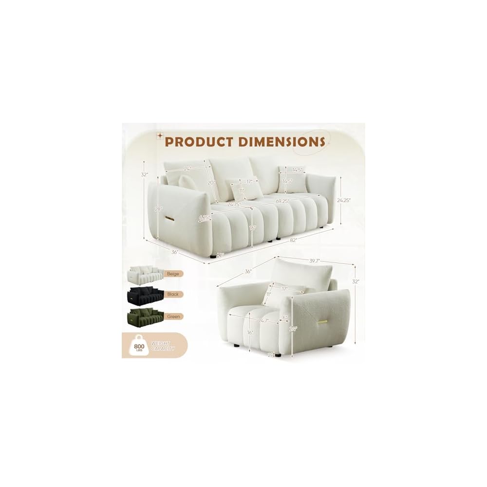 2 Piece Teddy Living Room Sofa Set,Boucle 3 Seater Sofa & Single Sofa Chair