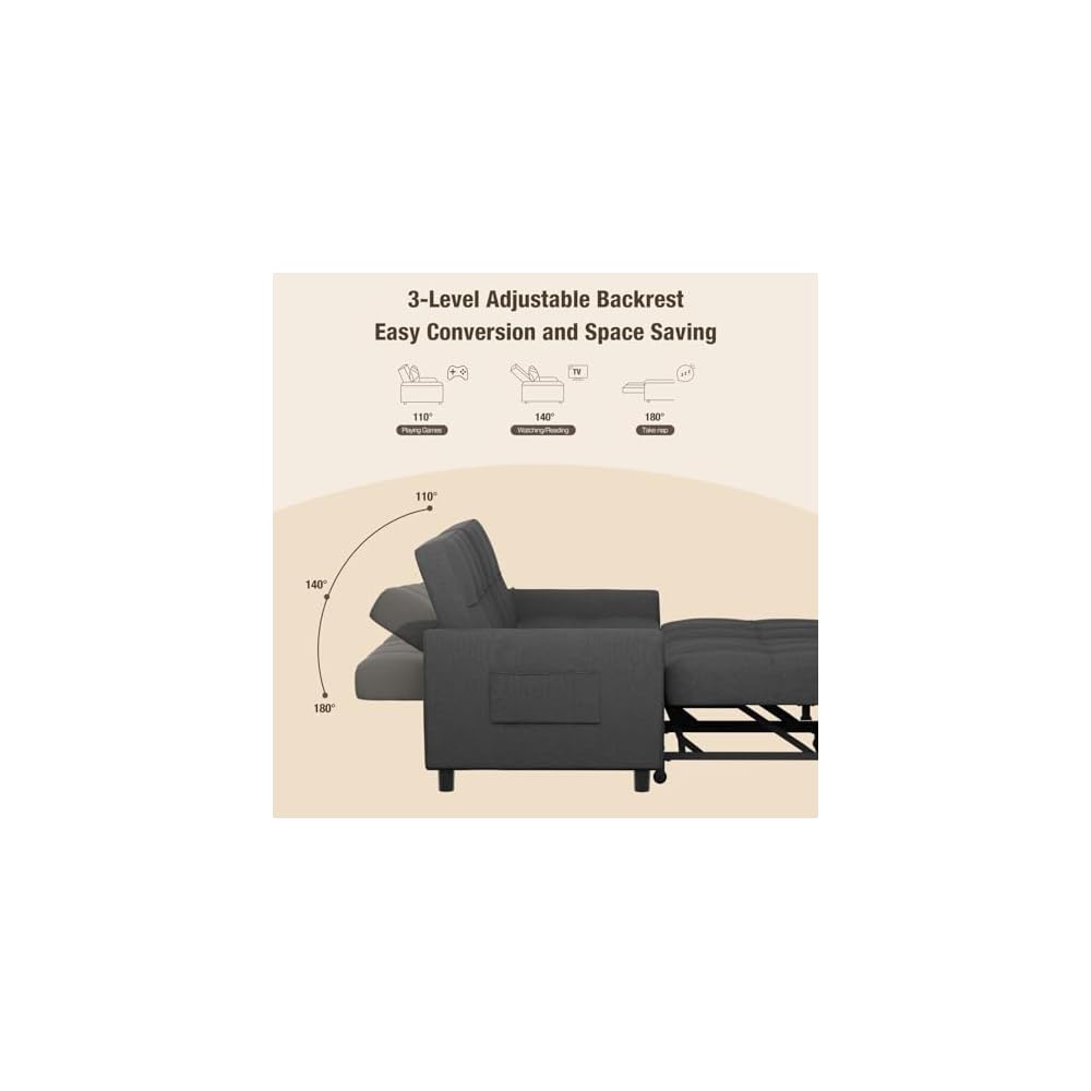 Aiho Pull Out Couch - 58" Loveseat Sofa Bed, Convertible with Separate Ottoman & Adjustable Backrest, 3-in-1 Sleeper for Small Apartment, Dark Gray
