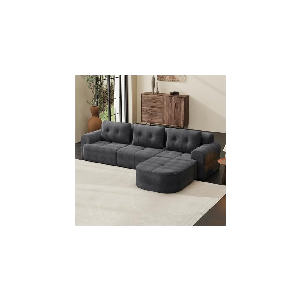 110" Modular Sectional Sofa Couch with Chaise, L-Shaped Cloud Couch Dark Grey, Tufted Deep Seat No Assembly Sectional Couches for Living Room, 4 Seater