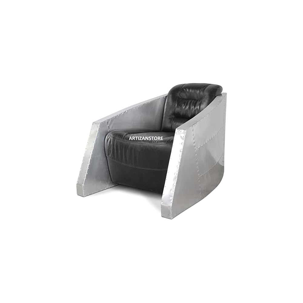 ARTIZANSTORE Aviator Bullet Leisure Arm Chair - Genuine Black Leather - Aluminium