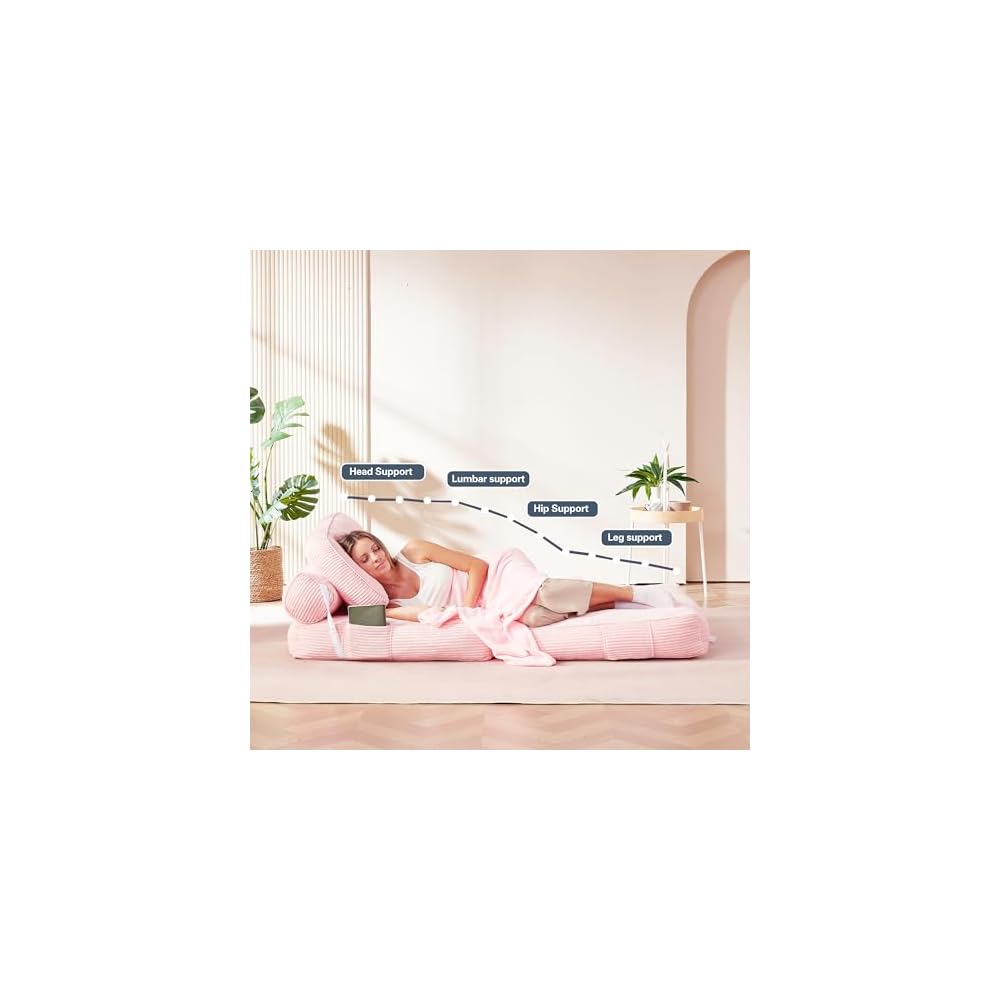 Folding Sofa Bed, Flannel Futon Couch Bed with Pillow and Blanket, Convertible Sleeper Chair for Living Room Bedroom, Pink