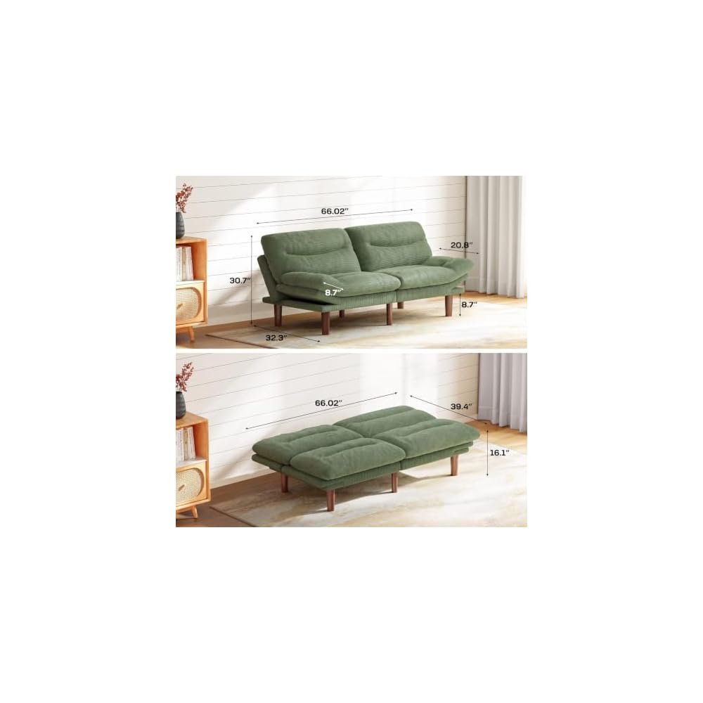 Marsail 66.02" Futon Sofa Bed, Convertible Couch & Sleeper Sofa, Sage Green