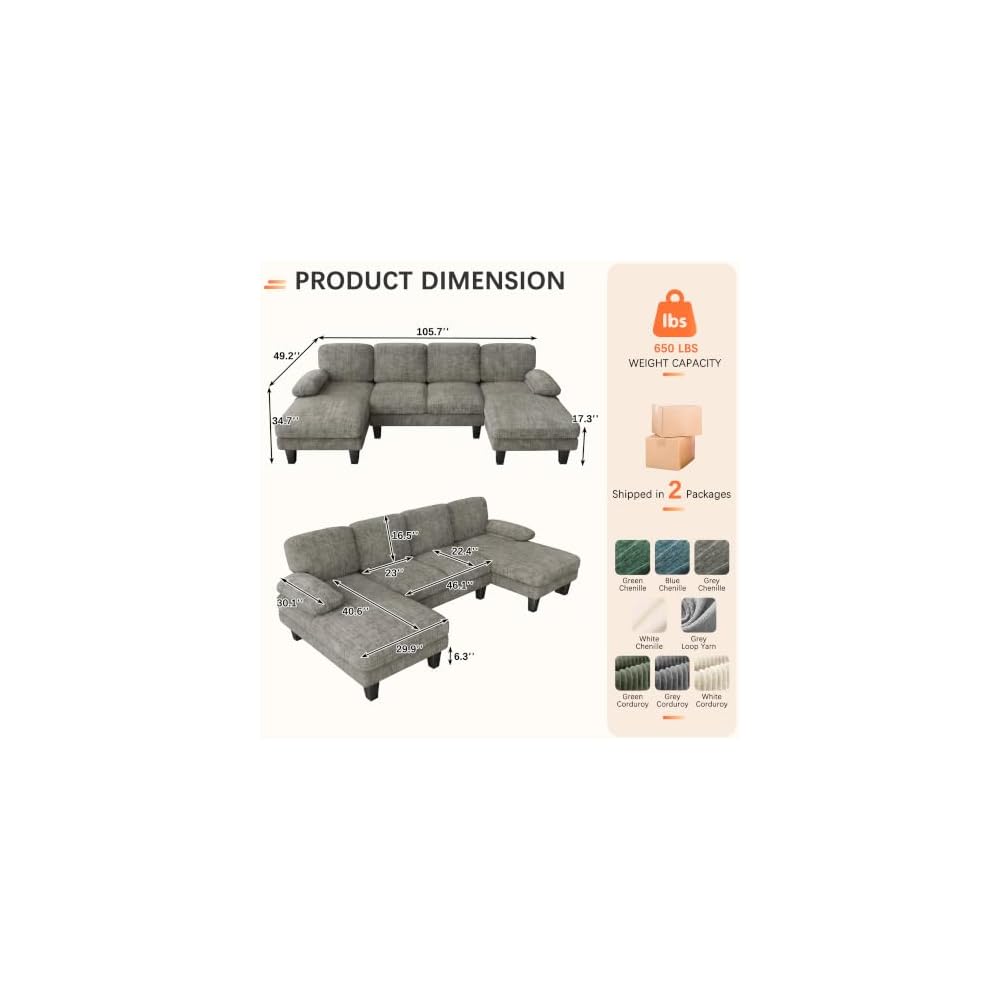 JUMMICO U Shaped Couch Sectional Couches for Living Room, Fabric,Light Grey