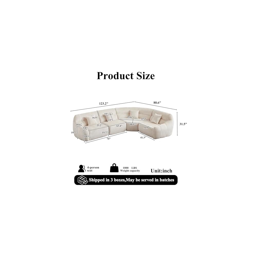 123" Oversized Boneless Chenille Curved Corner Sectional Sofa, Modern Luxury 4 Pillows Modular Cloud 4-Seater Sofa, High-Back Couch for Living Room (Beige)