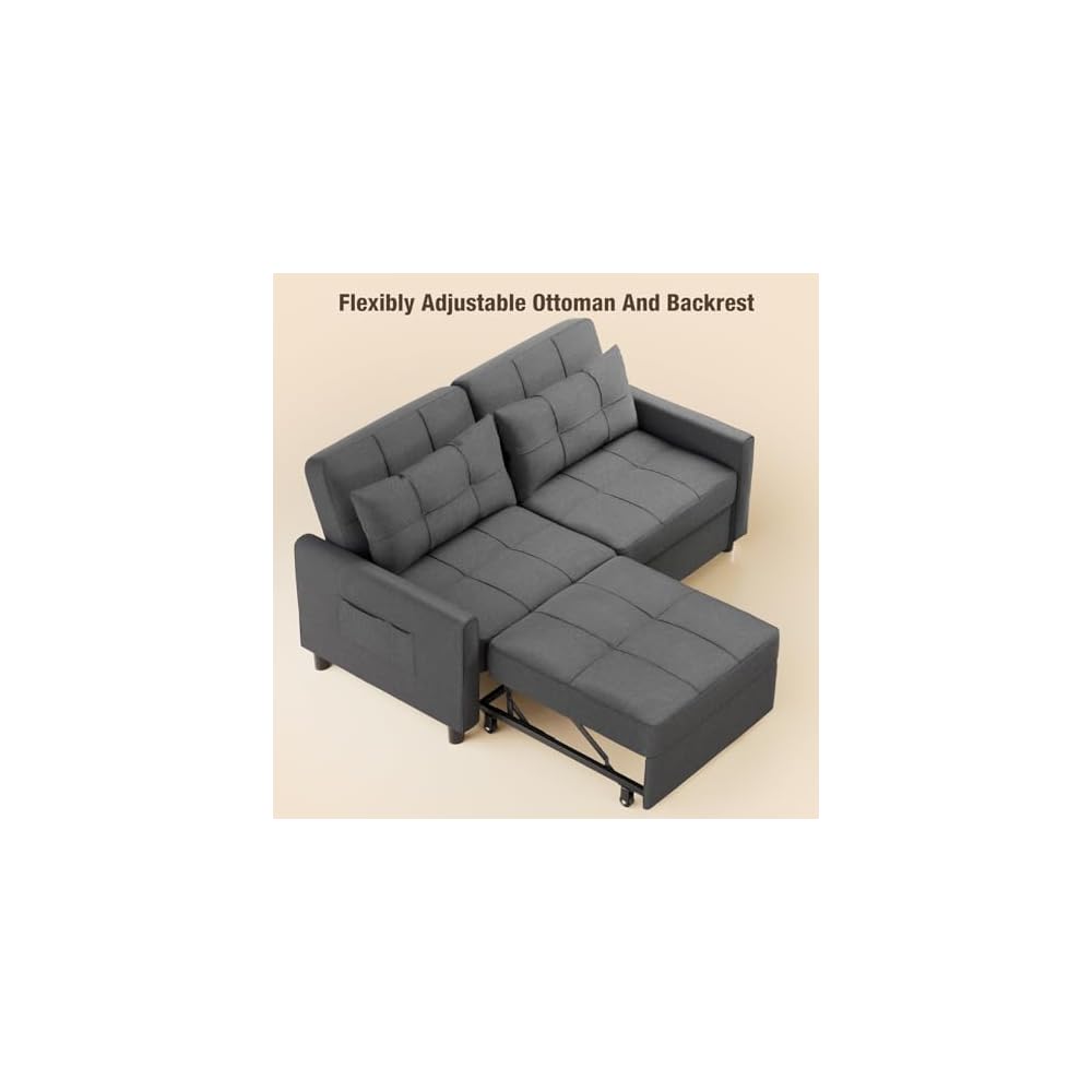 Aiho Pull Out Couch - 58" Loveseat Sofa Bed, Convertible with Separate Ottoman & Adjustable Backrest, 3-in-1 Sleeper for Small Apartment, Dark Gray