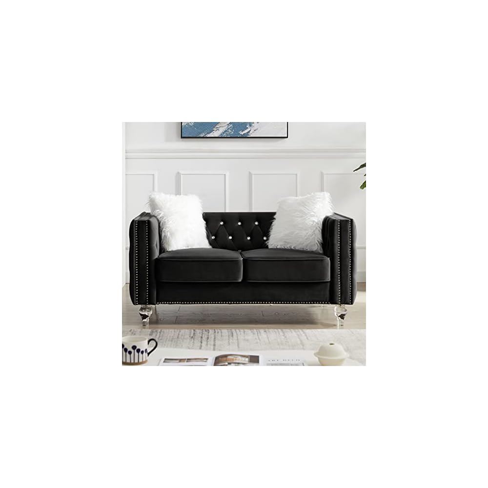 mikibama Velvet Loveseat with Buttons and Square Arms 59 Inch Tufted Sofa with Trimmed Nailhead and Acrylic Legs Loveseat Couch for Living Room, Bedroom (Black-Crystal Legs, Loveseat)