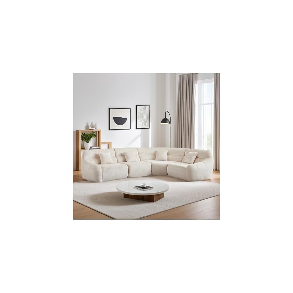 123" Oversized Boneless Chenille Curved Corner Sectional Sofa, Modern Luxury 4 Pillows Modular Cloud 4-Seater Sofa, High-Back Couch for Living Room (Beige)
