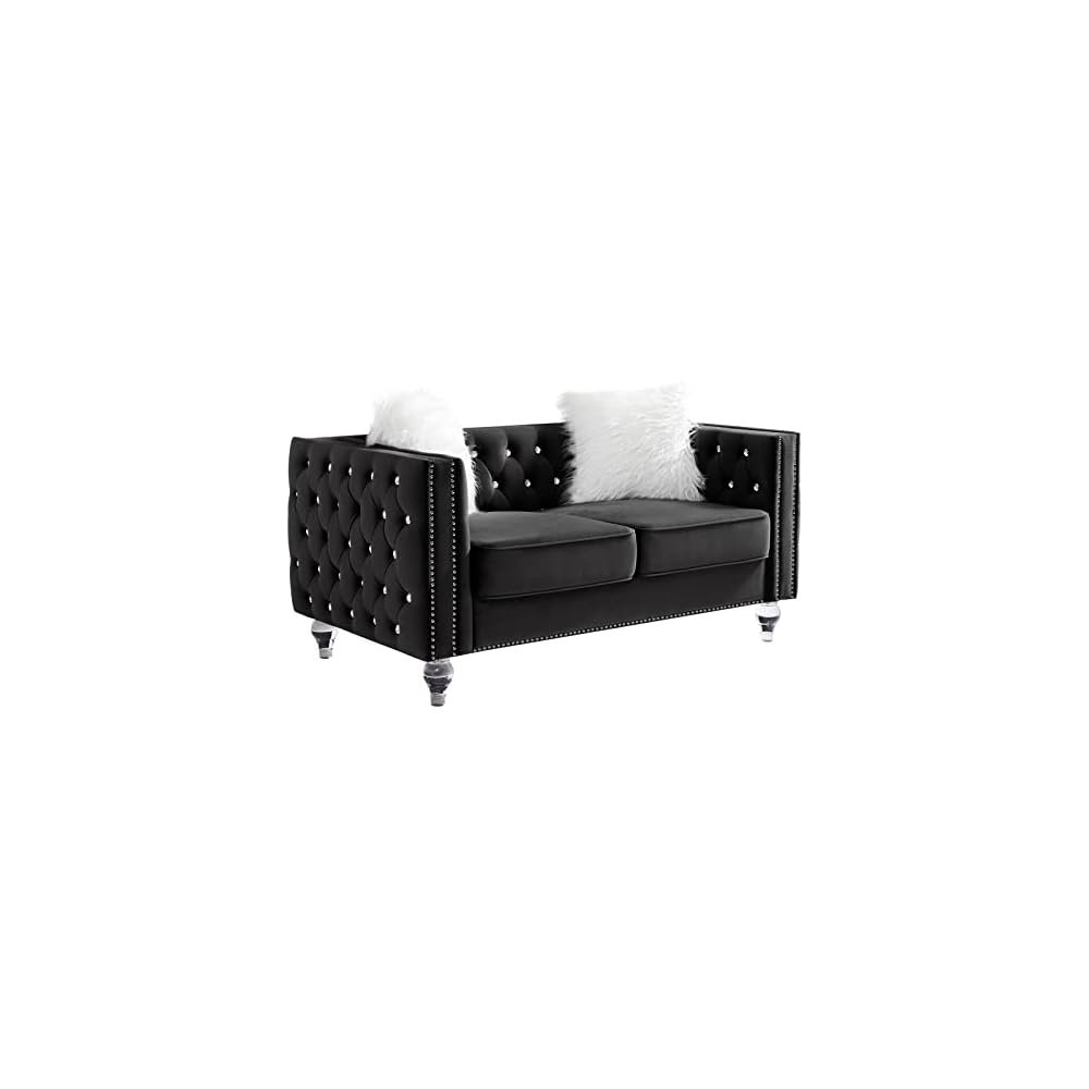 mikibama Velvet Loveseat with Buttons and Square Arms 59 Inch Tufted Sofa with Trimmed Nailhead and Acrylic Legs Loveseat Couch for Living Room, Bedroom (Black-Crystal Legs, Loveseat)