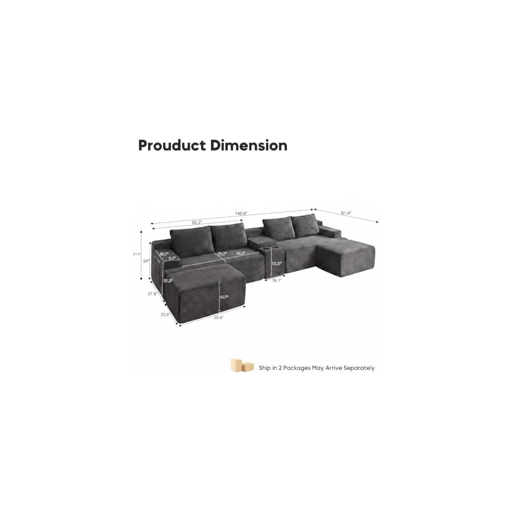 140" Modular Sectional Sofa, Boneless Couches for Living Room, Dark Grey