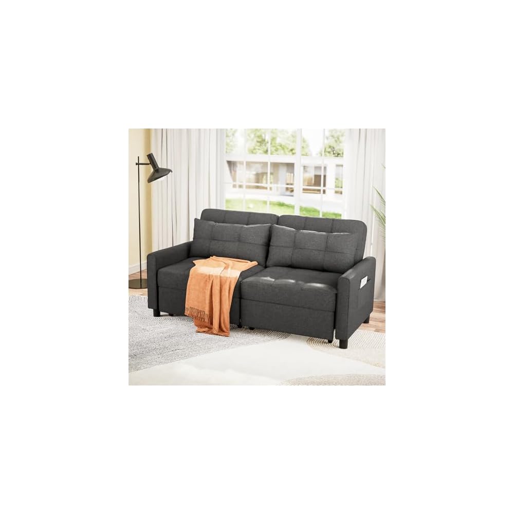 Aiho Pull Out Couch - 58" Loveseat Sofa Bed, Convertible with Separate Ottoman & Adjustable Backrest, 3-in-1 Sleeper for Small Apartment, Dark Gray