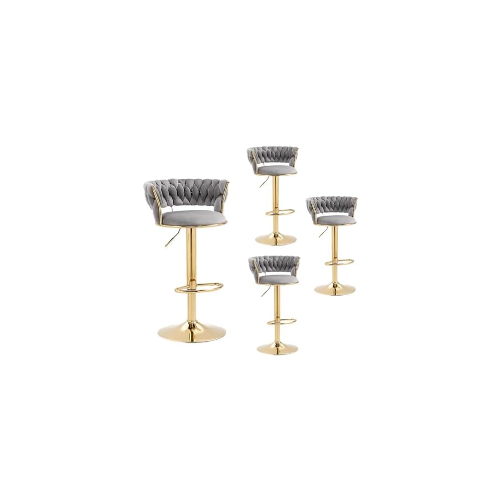 Velvet Bar Stools Adjustable Swivel Woven Back Gold Metal Kitchen Island