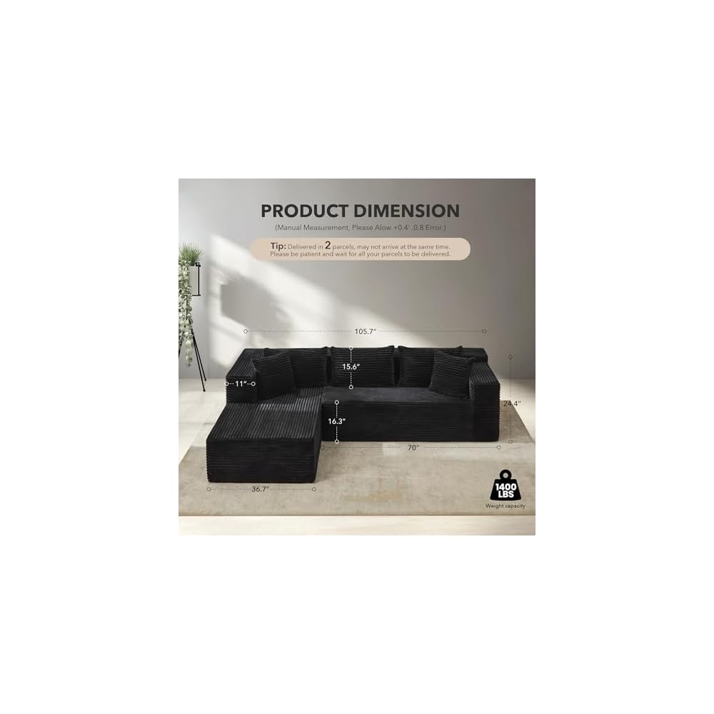 Modular Sectional Sofa Cloud Sectional Couch, 106" Comfy L Shaped Couches for Living Room,Oversized Sofa Sleeper with Deep Seat, No Assembly Required