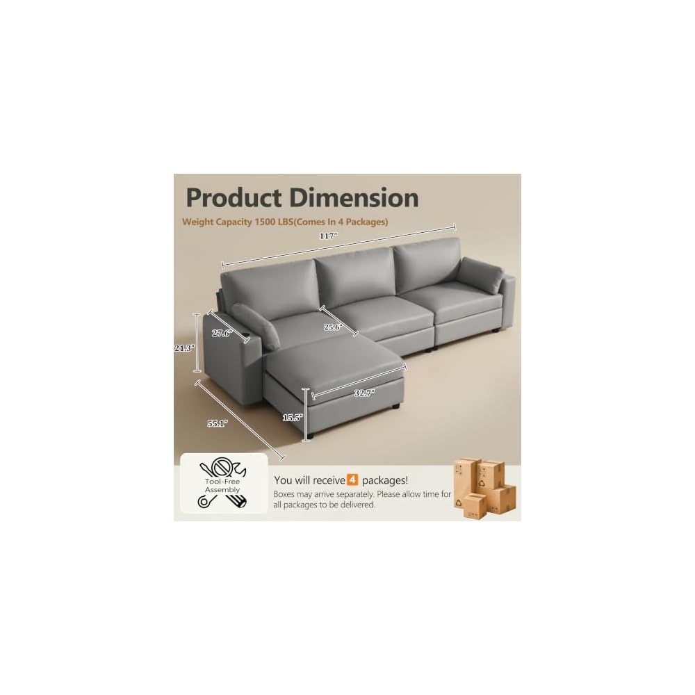 Leather Sectional Sofa, 117" Oversized Modular Sectional Couch with Storage, Deep Seat Scratch Resistant Faux Leather Couches, Wide L Shaped Vegan Leather Sofa, (Grey, 3-Seater & Ottoman)