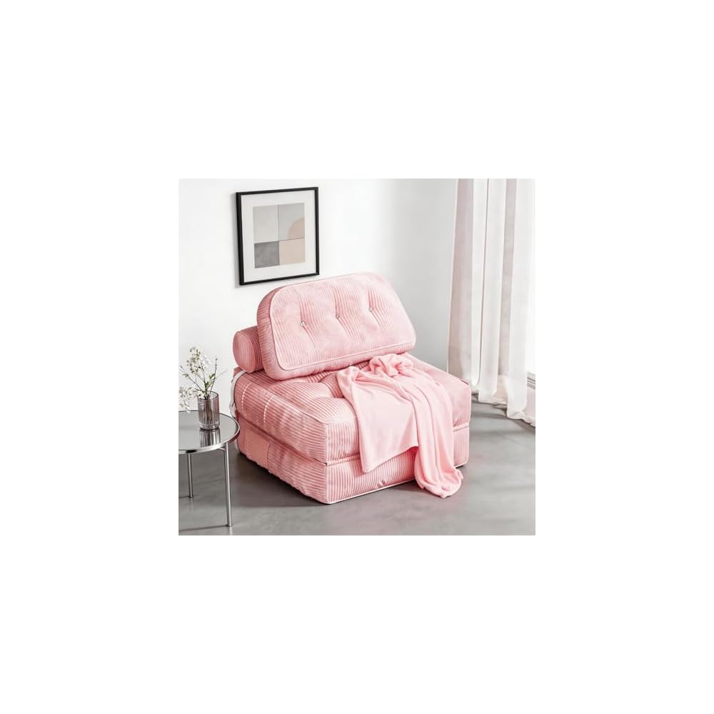 Folding Sofa Bed, Flannel Futon Couch Bed with Pillow and Blanket, Convertible Sleeper Chair for Living Room Bedroom, Pink