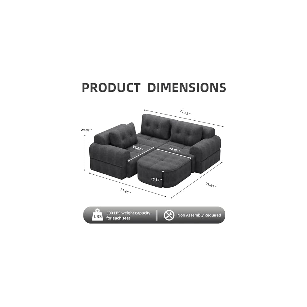 110" Modular Sectional Sofa Couch with Chaise, L-Shaped Cloud Couch Dark Grey, Tufted Deep Seat No Assembly Sectional Couches for Living Room, 4 Seater