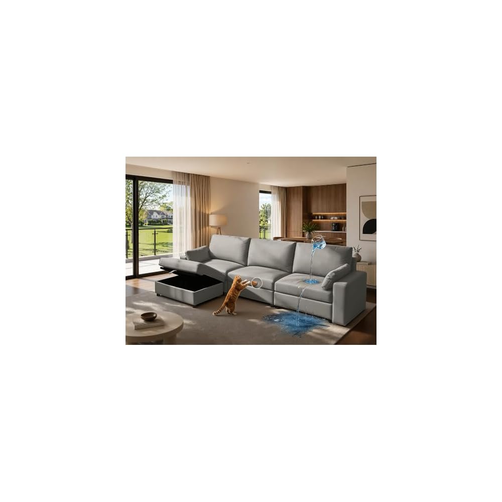 Leather Sectional Sofa, 117" Oversized Modular Sectional Couch with Storage, Deep Seat Scratch Resistant Faux Leather Couches, Wide L Shaped Vegan Leather Sofa, (Grey, 3-Seater & Ottoman)