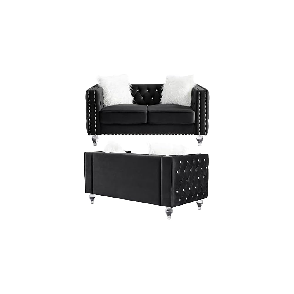 mikibama Velvet Loveseat with Buttons and Square Arms 59 Inch Tufted Sofa with Trimmed Nailhead and Acrylic Legs Loveseat Couch for Living Room, Bedroom (Black-Crystal Legs, Loveseat)