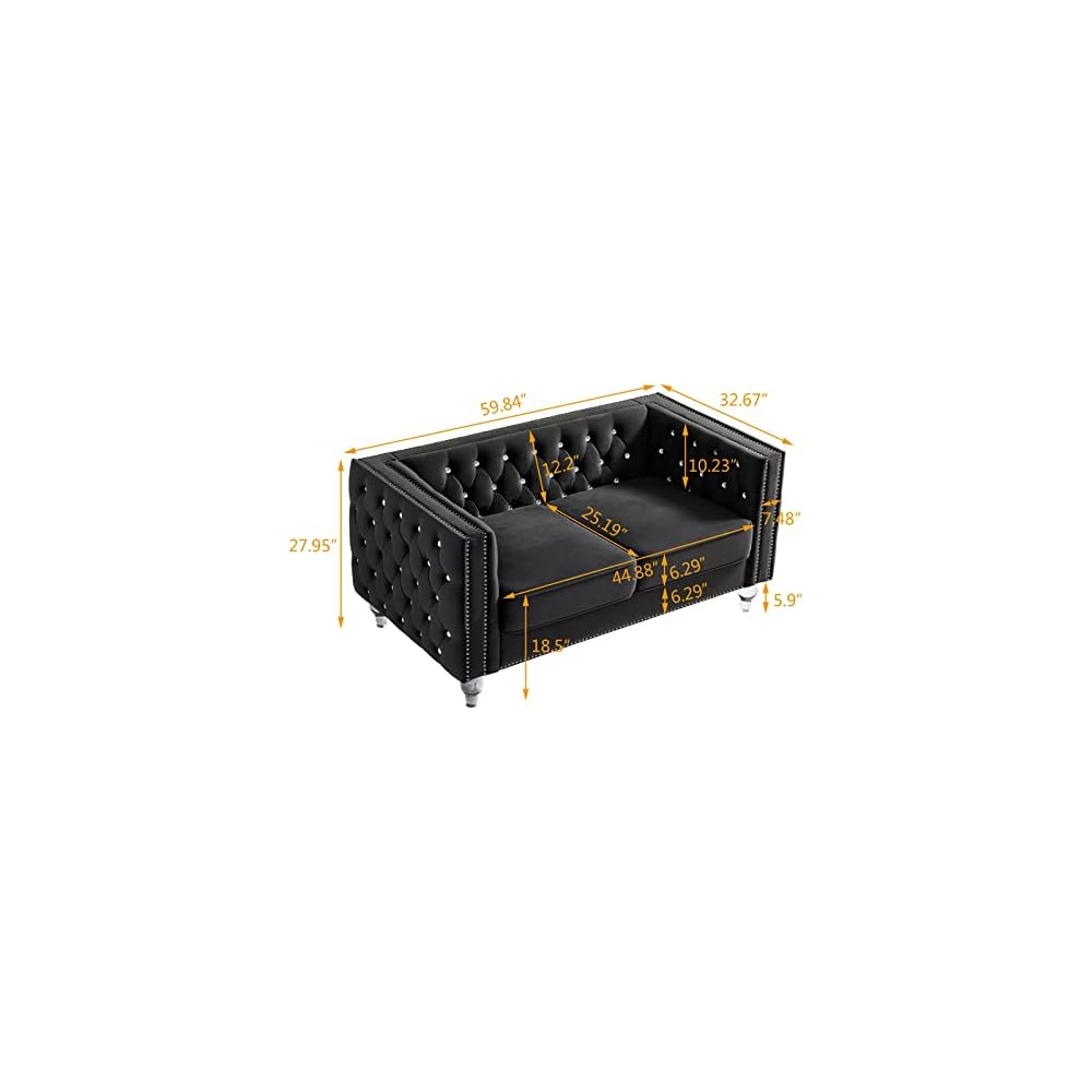 mikibama Velvet Loveseat with Buttons and Square Arms 59 Inch Tufted Sofa with Trimmed Nailhead and Acrylic Legs Loveseat Couch for Living Room, Bedroom (Black-Crystal Legs, Loveseat)