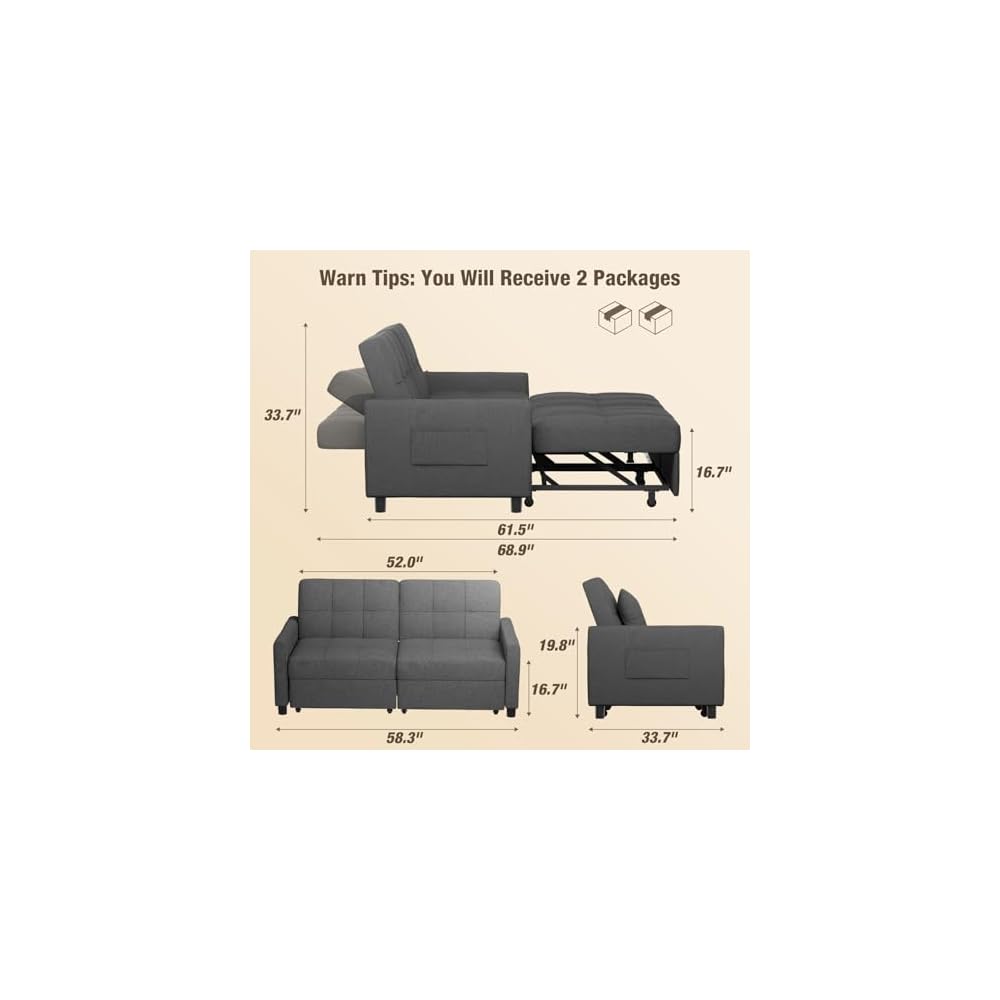 Aiho Pull Out Couch - 58" Loveseat Sofa Bed, Convertible with Separate Ottoman & Adjustable Backrest, 3-in-1 Sleeper for Small Apartment, Dark Gray