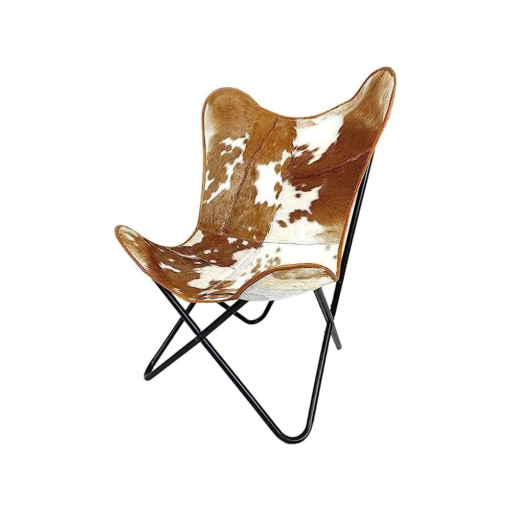 Uddhav Craft and co Handcrafted Leather Butterfly Chair with Original Hide Indian BKF Cowhide Cover Leather Cover Relaxing Chair (Product : Full Chair Black Leg)