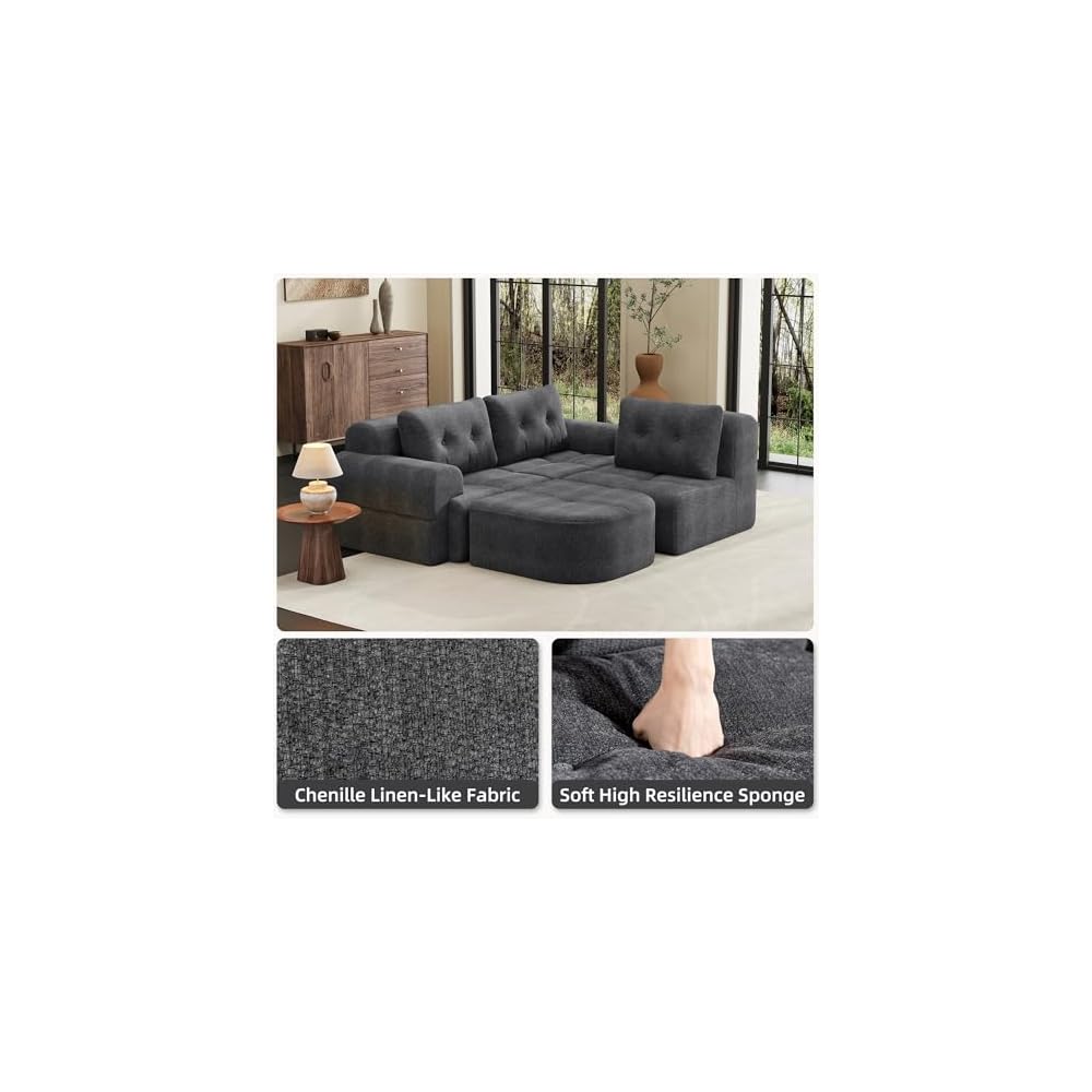 110" Modular Sectional Sofa Couch with Chaise, L-Shaped Cloud Couch Dark Grey, Tufted Deep Seat No Assembly Sectional Couches for Living Room, 4 Seater