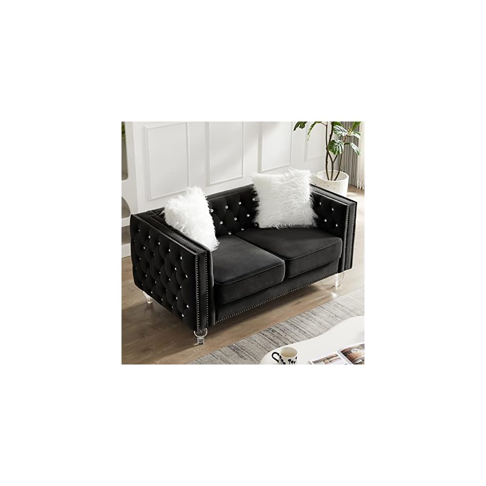mikibama Velvet Loveseat with Buttons and Square Arms 59 Inch Tufted Sofa with Trimmed Nailhead and Acrylic Legs Loveseat Couch for Living Room, Bedroom (Black-Crystal Legs, Loveseat)