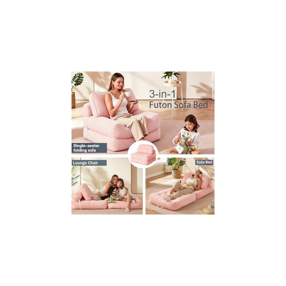 Folding Sofa Bed, Flannel Futon Couch Bed with Pillow and Blanket, Convertible Sleeper Chair for Living Room Bedroom, Pink