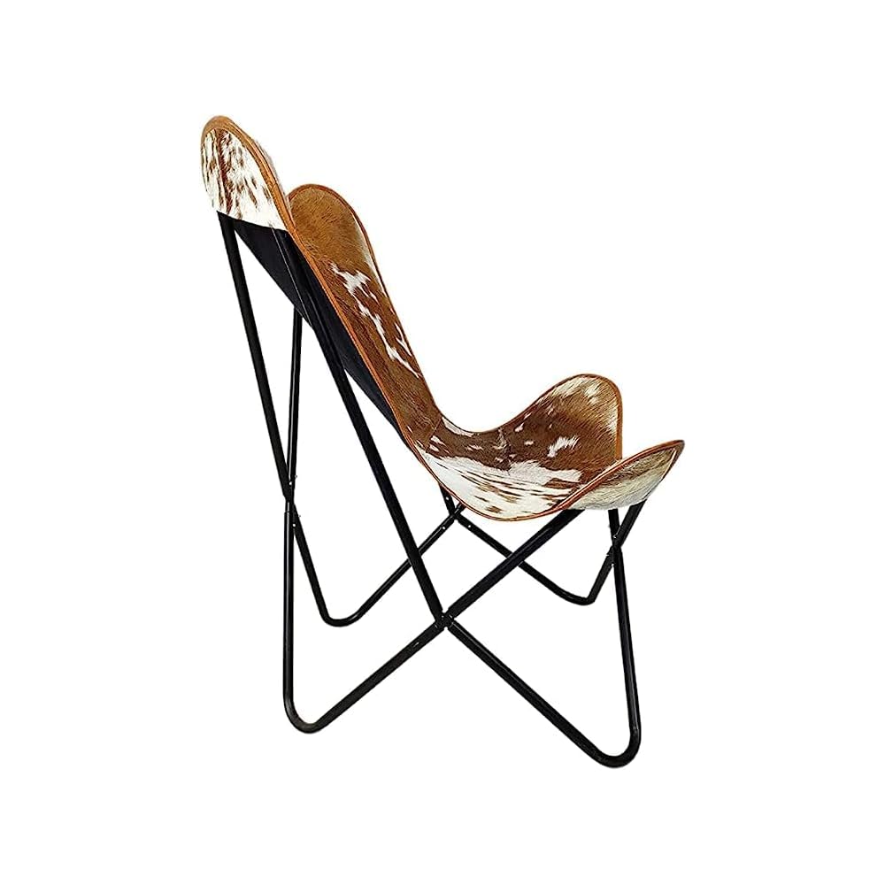 Uddhav Craft and co Handcrafted Leather Butterfly Chair with Original Hide Indian BKF Cowhide Cover Leather Cover Relaxing Chair (Product : Full Chair Black Leg)