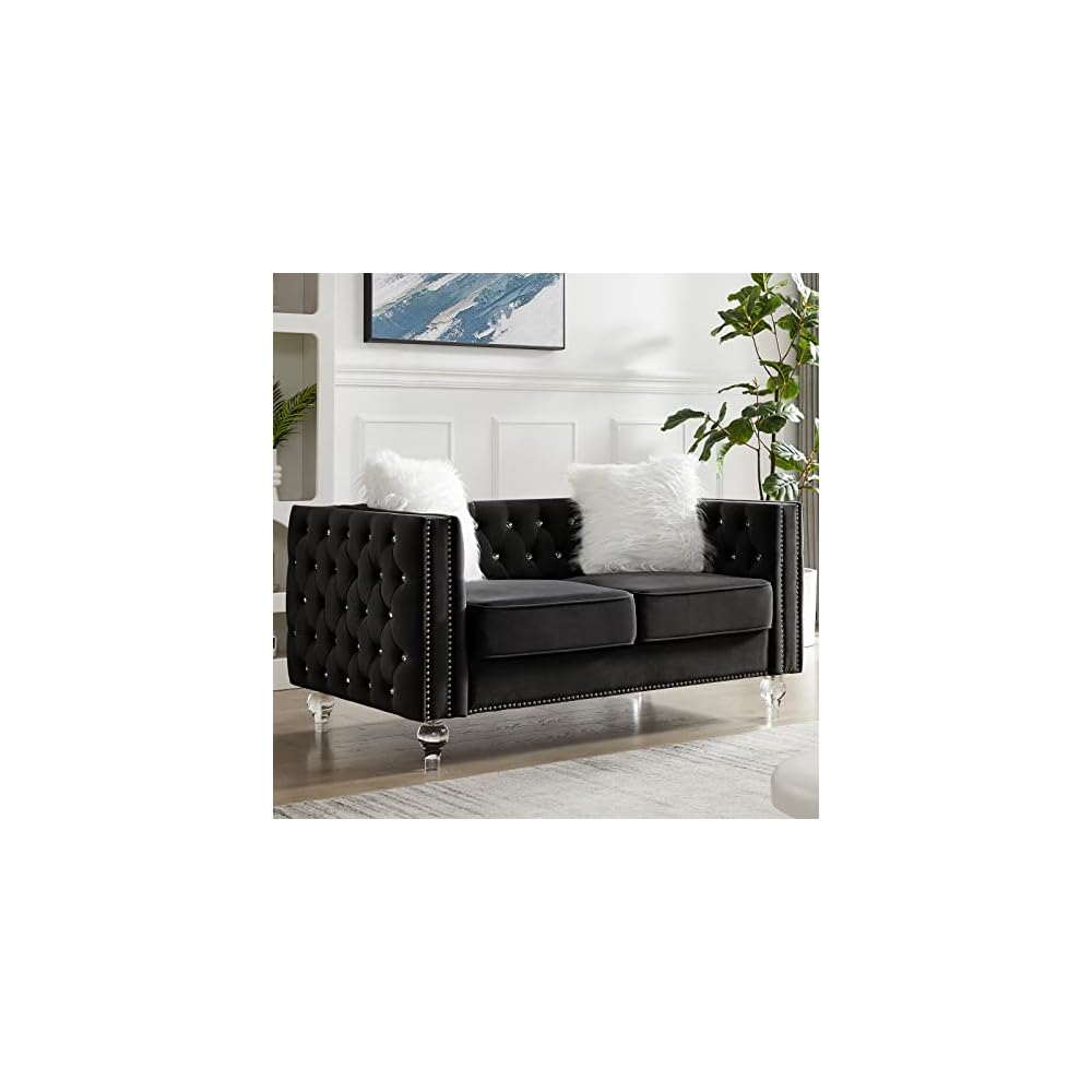 mikibama Velvet Loveseat with Buttons and Square Arms 59 Inch Tufted Sofa with Trimmed Nailhead and Acrylic Legs Loveseat Couch for Living Room, Bedroom (Black-Crystal Legs, Loveseat)