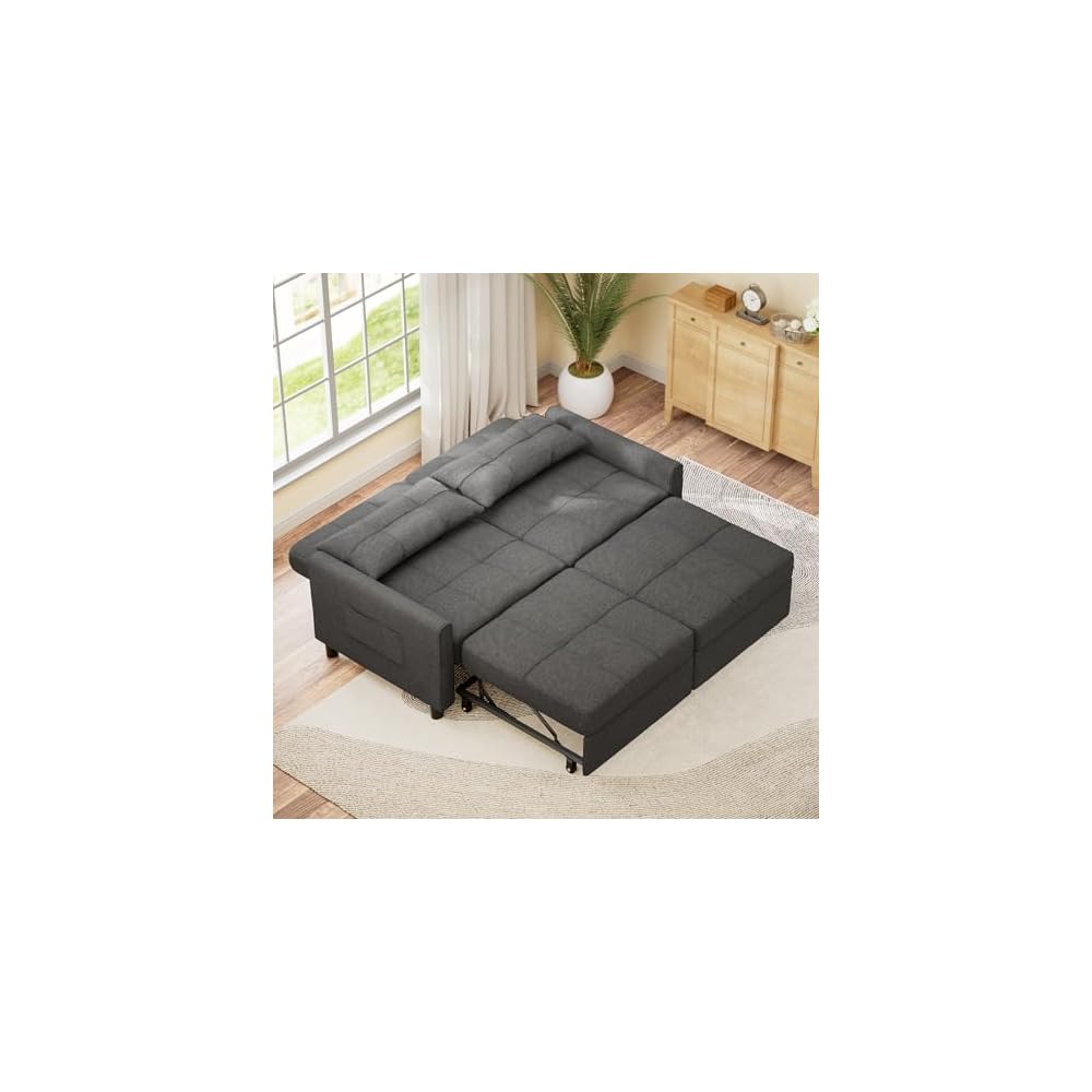 Aiho Pull Out Couch - 58" Loveseat Sofa Bed, Convertible with Separate Ottoman & Adjustable Backrest, 3-in-1 Sleeper for Small Apartment, Dark Gray