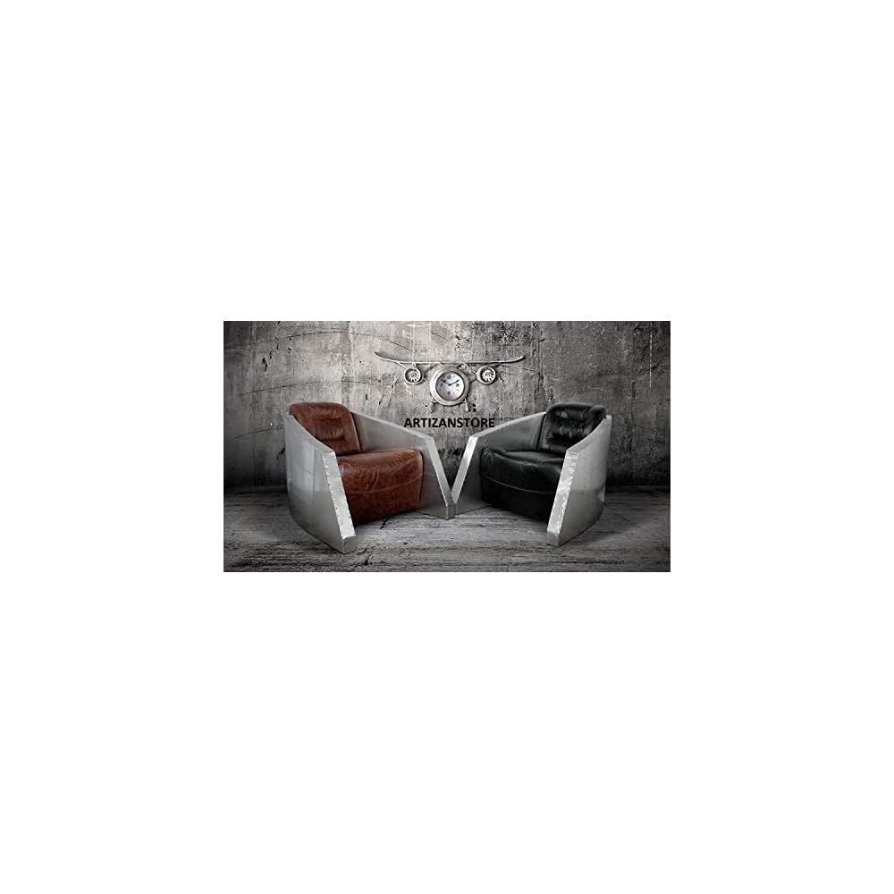 ARTIZANSTORE Aviator Bullet Leisure Arm Chair - Genuine Black Leather - Aluminium