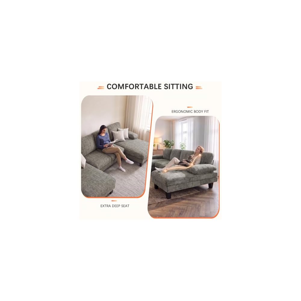JUMMICO U Shaped Couch Sectional Couches for Living Room, Fabric,Light Grey