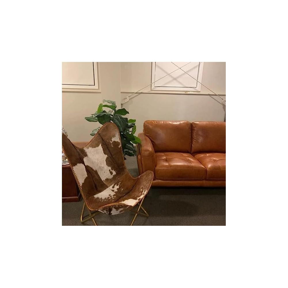 Uddhav Craft and co Handcrafted Leather Butterfly Chair with Original Hide Indian BKF Cowhide Cover Leather Cover Relaxing Chair (Product : Full Chair Black Leg)