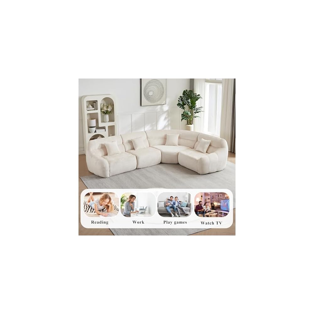 123" Oversized Boneless Chenille Curved Corner Sectional Sofa, Modern Luxury 4 Pillows Modular Cloud 4-Seater Sofa, High-Back Couch for Living Room (Beige)