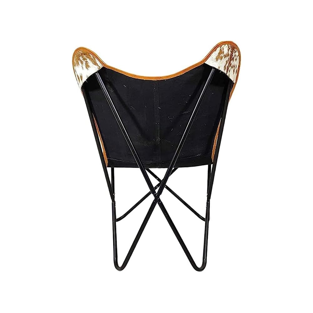 Uddhav Craft and co Handcrafted Leather Butterfly Chair with Original Hide Indian BKF Cowhide Cover Leather Cover Relaxing Chair (Product : Full Chair Black Leg)