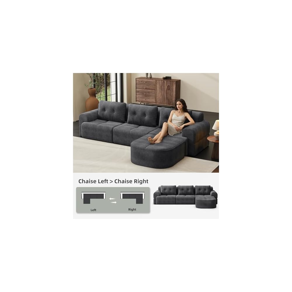 110" Modular Sectional Sofa Couch with Chaise, L-Shaped Cloud Couch Dark Grey, Tufted Deep Seat No Assembly Sectional Couches for Living Room, 4 Seater