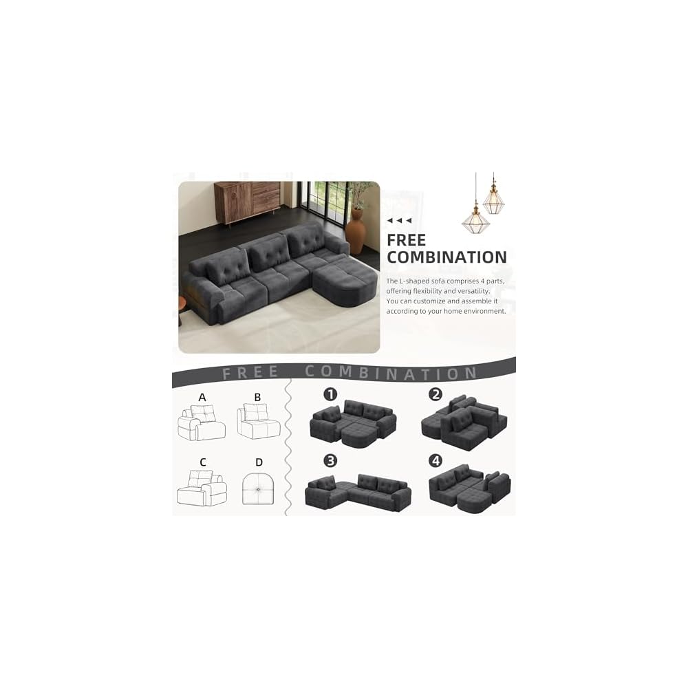 110" Modular Sectional Sofa Couch with Chaise, L-Shaped Cloud Couch Dark Grey, Tufted Deep Seat No Assembly Sectional Couches for Living Room, 4 Seater
