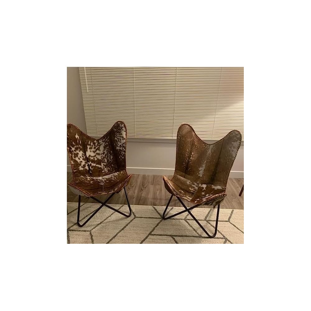 Uddhav Craft and co Handcrafted Leather Butterfly Chair with Original Hide Indian BKF Cowhide Cover Leather Cover Relaxing Chair (Product : Full Chair Black Leg)