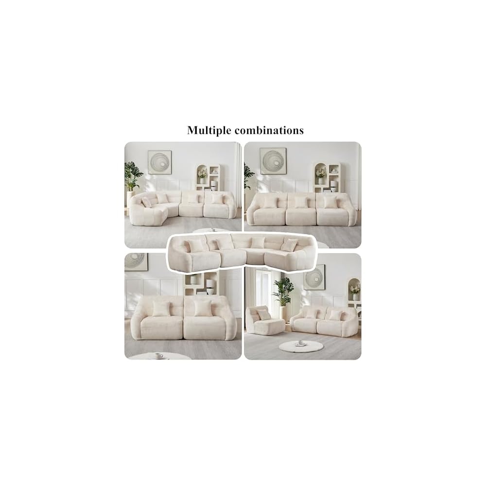 123" Oversized Boneless Chenille Curved Corner Sectional Sofa, Modern Luxury 4 Pillows Modular Cloud 4-Seater Sofa, High-Back Couch for Living Room (Beige)