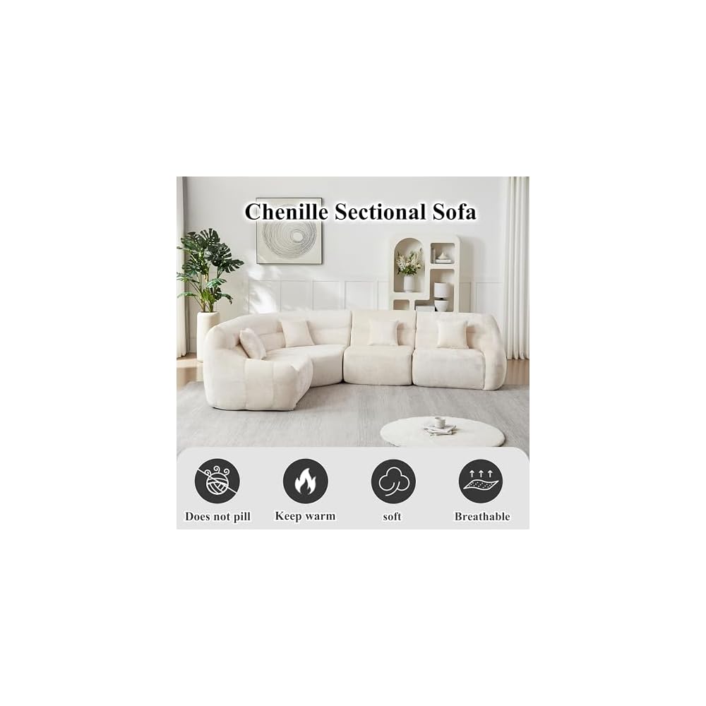123" Oversized Boneless Chenille Curved Corner Sectional Sofa, Modern Luxury 4 Pillows Modular Cloud 4-Seater Sofa, High-Back Couch for Living Room (Beige)