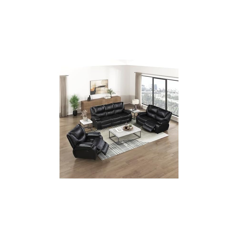 Lexicon 3 Piece Living Room Furniture Sets, Top Grain Leather Match Manual Tab Pull Reclining Sofa Set, Pillow Top Arms, Wall Hugger Double Reclining Sofa, Loveseat, Recliner, 3 Pieces, Black