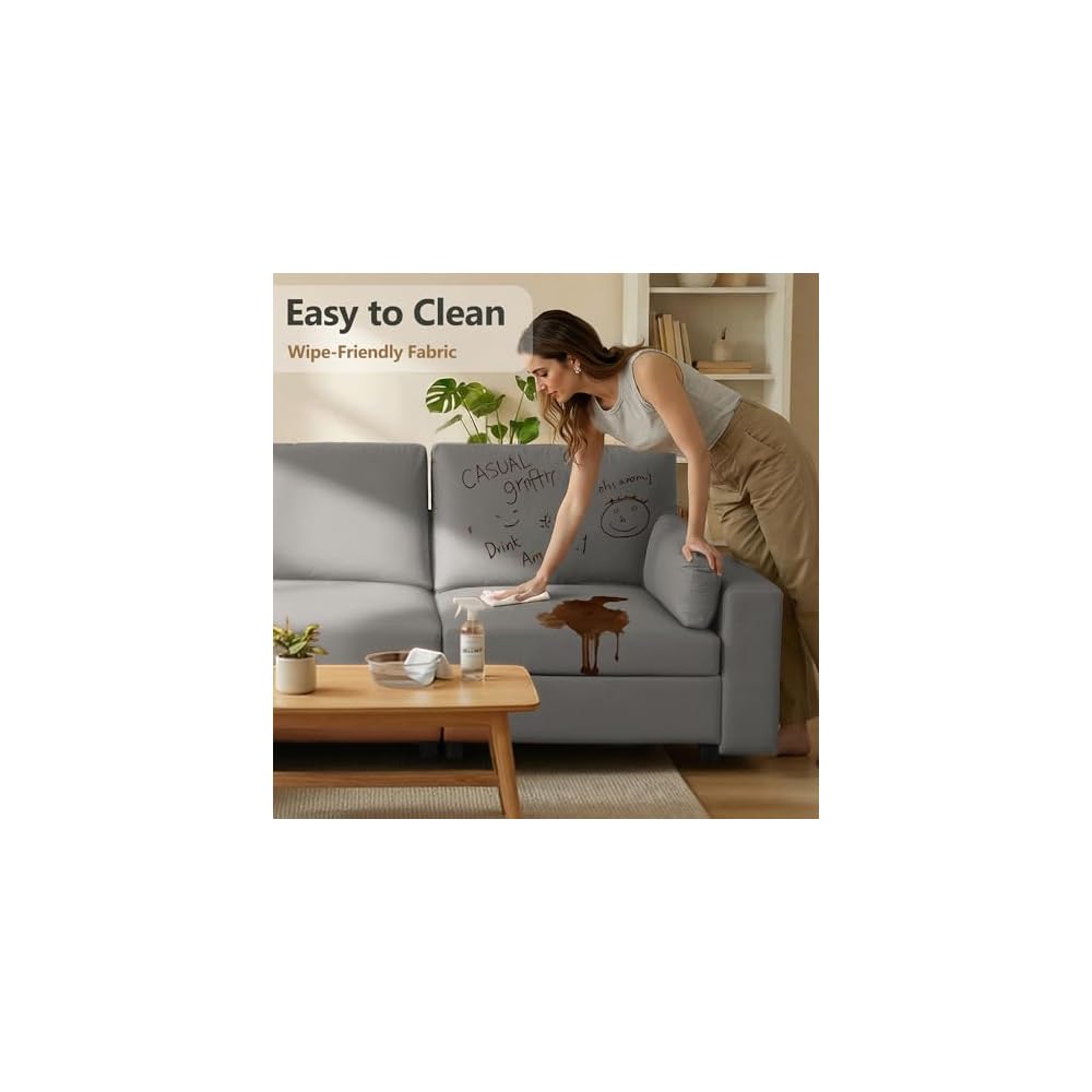 Leather Sectional Sofa, 117" Oversized Modular Sectional Couch with Storage, Deep Seat Scratch Resistant Faux Leather Couches, Wide L Shaped Vegan Leather Sofa, (Grey, 3-Seater & Ottoman)
