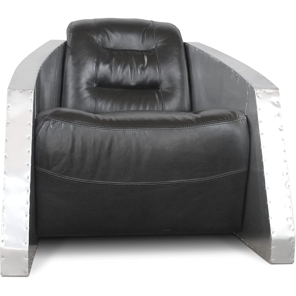 ARTIZANSTORE Aviator Bullet Leisure Arm Chair - Genuine Black Leather - Aluminium