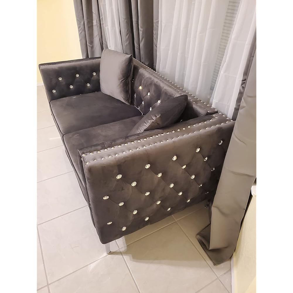 mikibama Velvet Loveseat with Buttons and Square Arms 59 Inch Tufted Sofa with Trimmed Nailhead and Acrylic Legs Loveseat Couch for Living Room, Bedroom (Black-Crystal Legs, Loveseat)