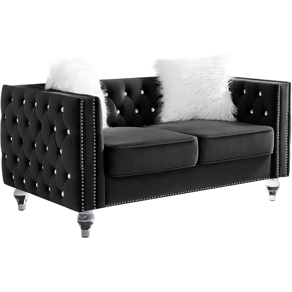 mikibama Velvet Loveseat with Buttons and Square Arms 59 Inch Tufted Sofa with Trimmed Nailhead and Acrylic Legs Loveseat Couch for Living Room, Bedroom (Black-Crystal Legs, Loveseat)