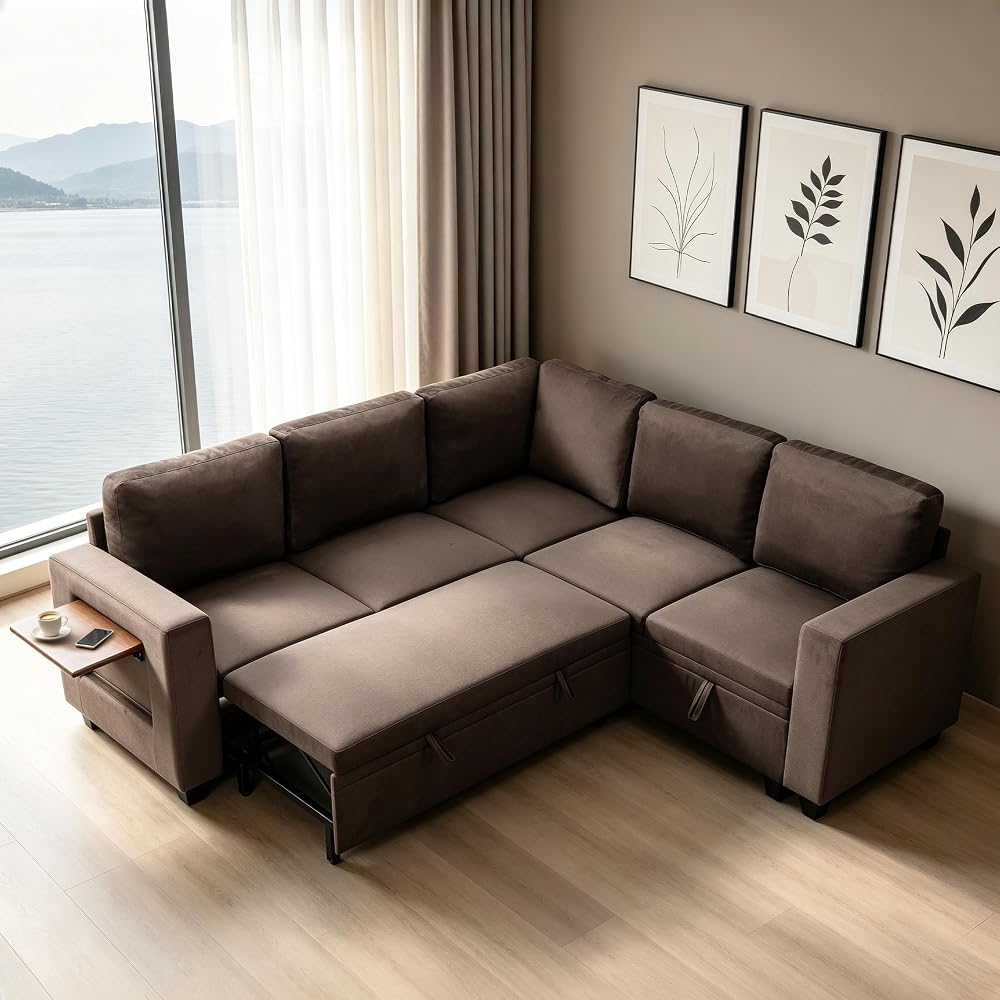 81"L Shaped Sleeper Sofa with Pull Out Bed, Modular Sectional Couch, Brown