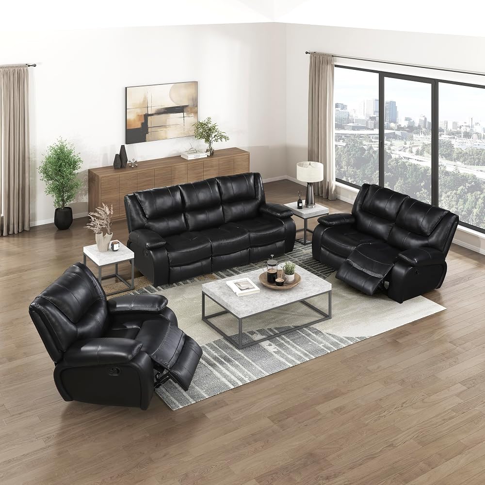 Lexicon 3 Piece Living Room Furniture Sets, Top Grain Leather Match Manual Tab Pull Reclining Sofa Set, Pillow Top Arms, Wall Hugger Double Reclining Sofa, Loveseat, Recliner, 3 Pieces, Black